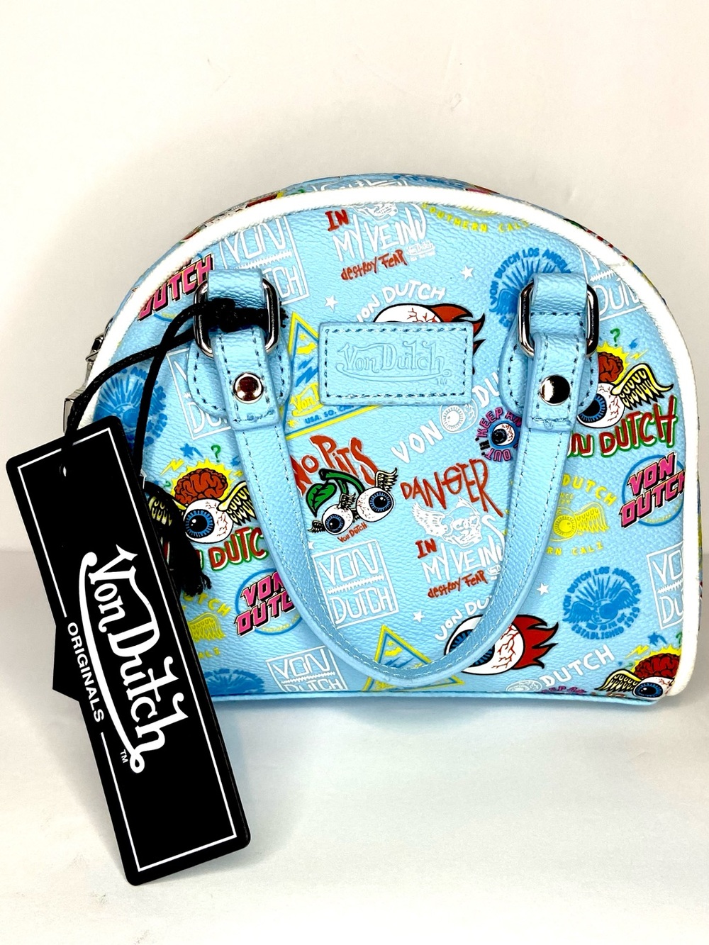 Von Dutch( + 5 free gifts ) Light Blue Graphic Dome Mini Satchel
